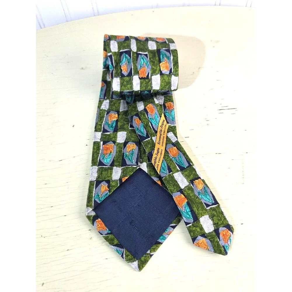 Ermenegildo Zegna Silk Tie Tulip Geometric Floral Pattern Made In Italy Designer